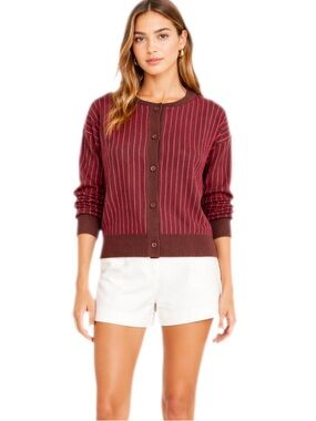 Deluc Burgundy Stripe Knit Cardigan Lightweight Spring Layer Large NWT